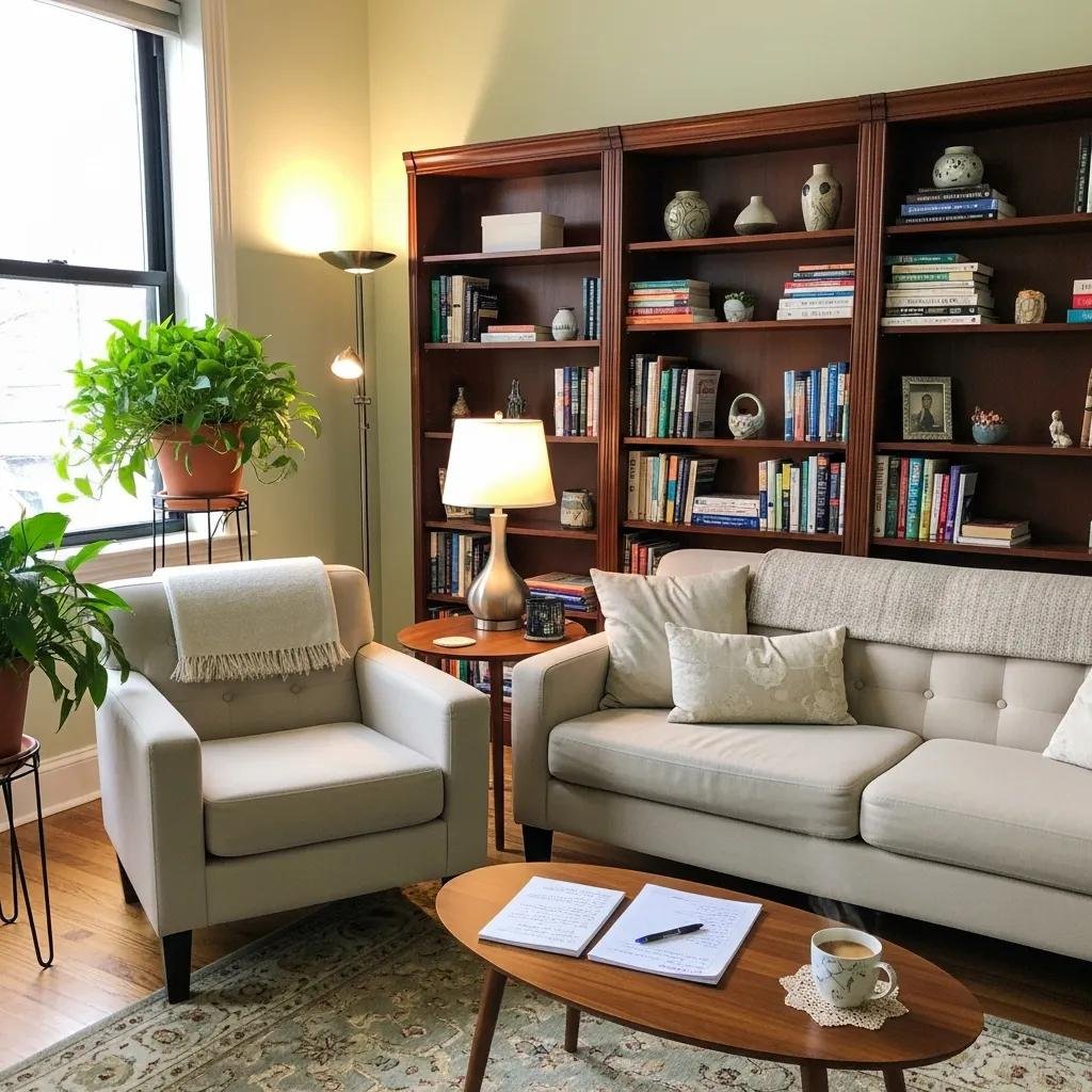 Therapy office with comfortable seating and calming decor, symbolizing trust and client relationships