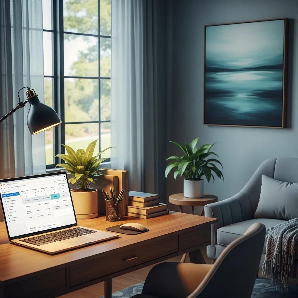 Therapy office with scheduling software on a laptop, emphasizing online appointment management