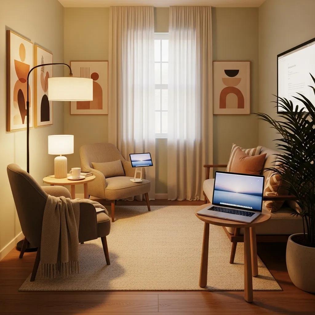 Therapy room with modern technology and calming decor, representing the future of mental health practice