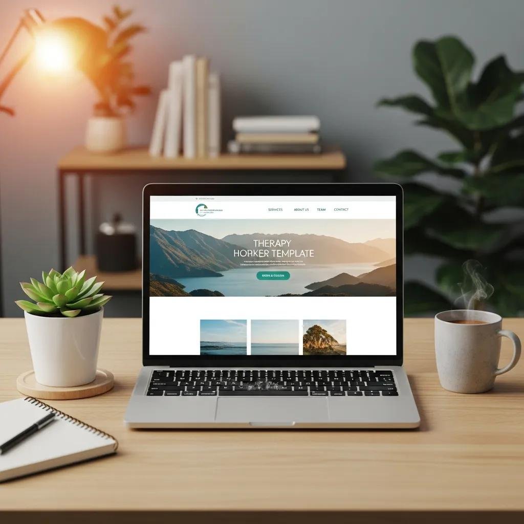 Therapy website template displayed on a laptop in a calming workspace