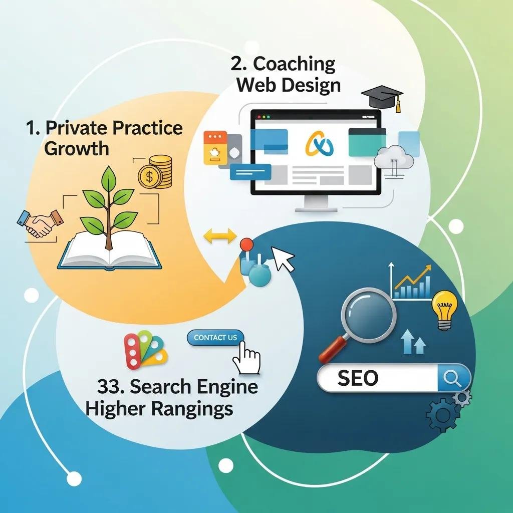 Visual representation of content pillars for therapy blogs, highlighting themes like private practice growth and SEO strategies