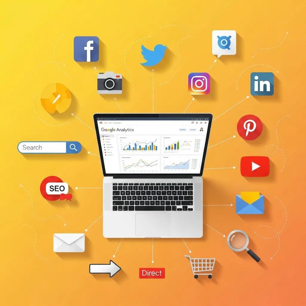 Visual representation of digital marketing channels for client acquisition around a laptop with Google Analytics