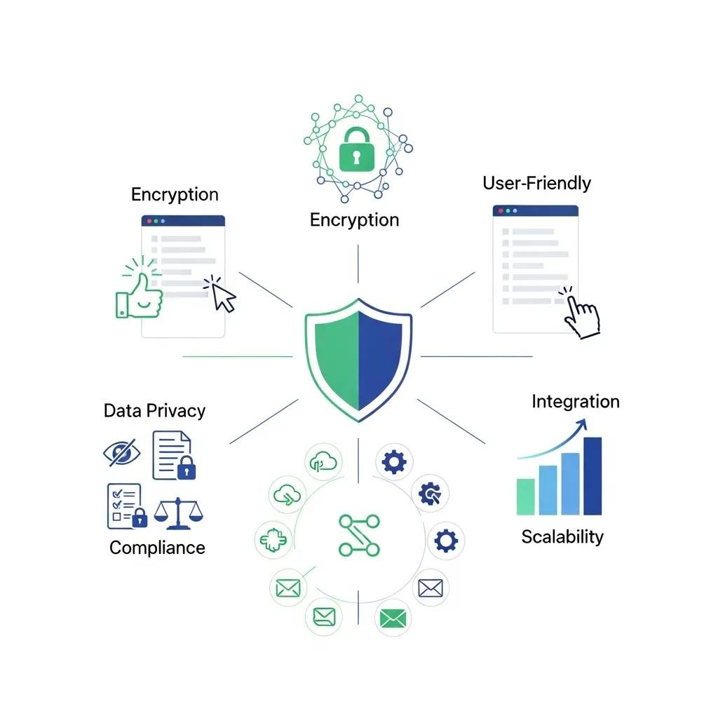 Visual representation of key features in secure form builders for therapists, highlighting security and usability