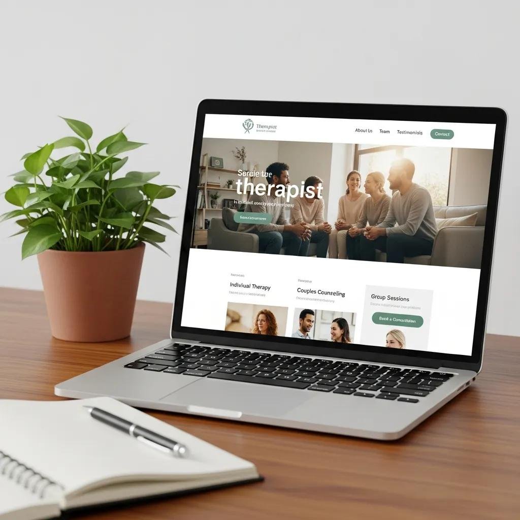 Visually appealing therapy website design on a laptop, highlighting professional layout and soothing colors