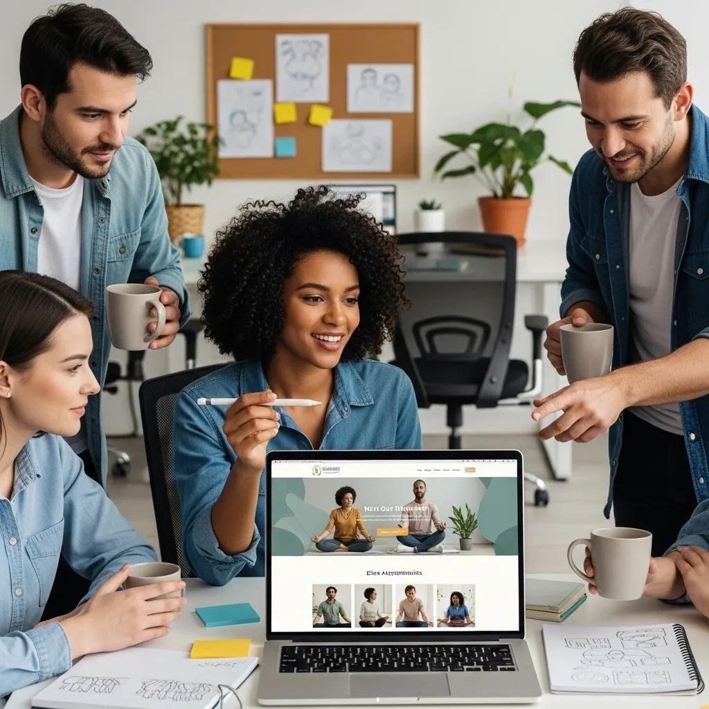 Web design team working on a therapist's website, highlighting specialized services for therapy practices