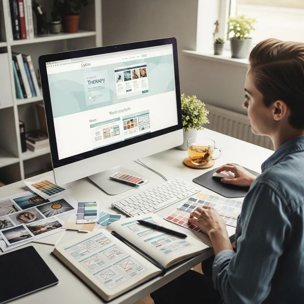 Web designer customizing a therapy website, surrounded by design tools and color palettes, showcasing the creative process of web design