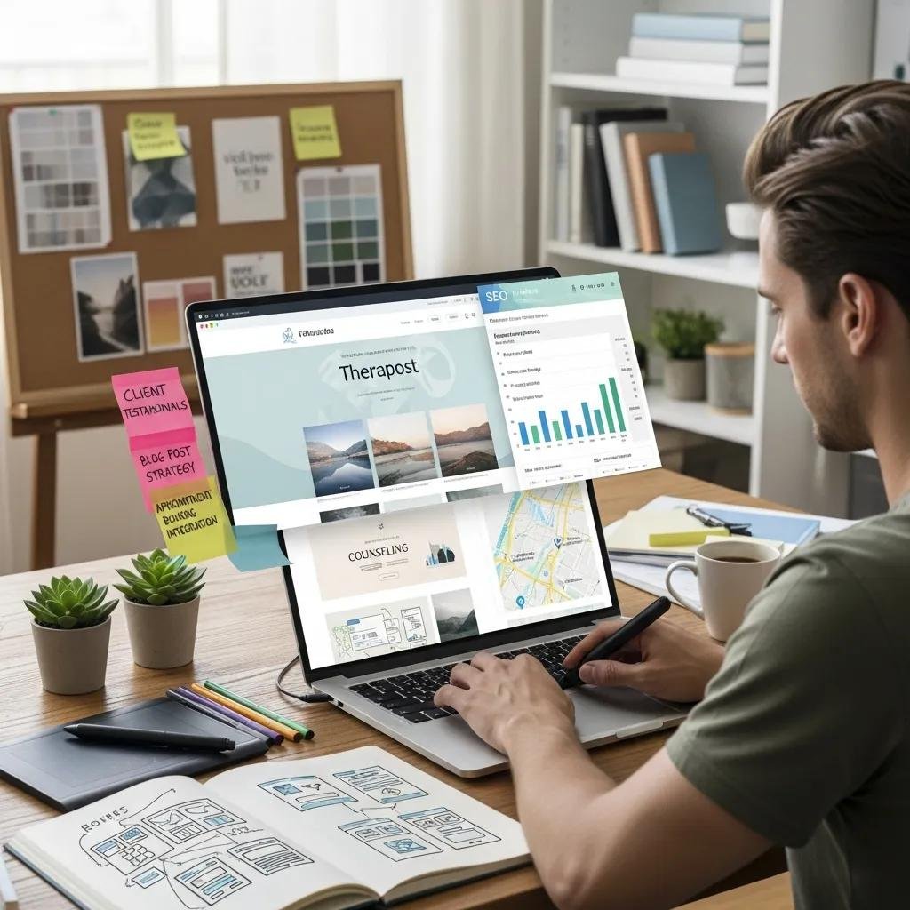 Web designer enhancing SEO and branding for therapists on a laptop, illustrating professional web design services