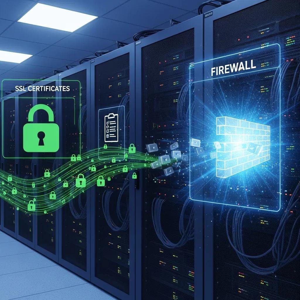 Web hosting server room highlighting security features for HIPAA compliance