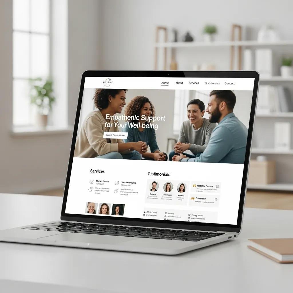 Website design mockup on a laptop highlighting elements that enhance client confidence in therapy