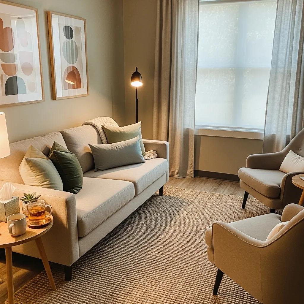 Welcoming therapy office with comfortable seating and calming decor