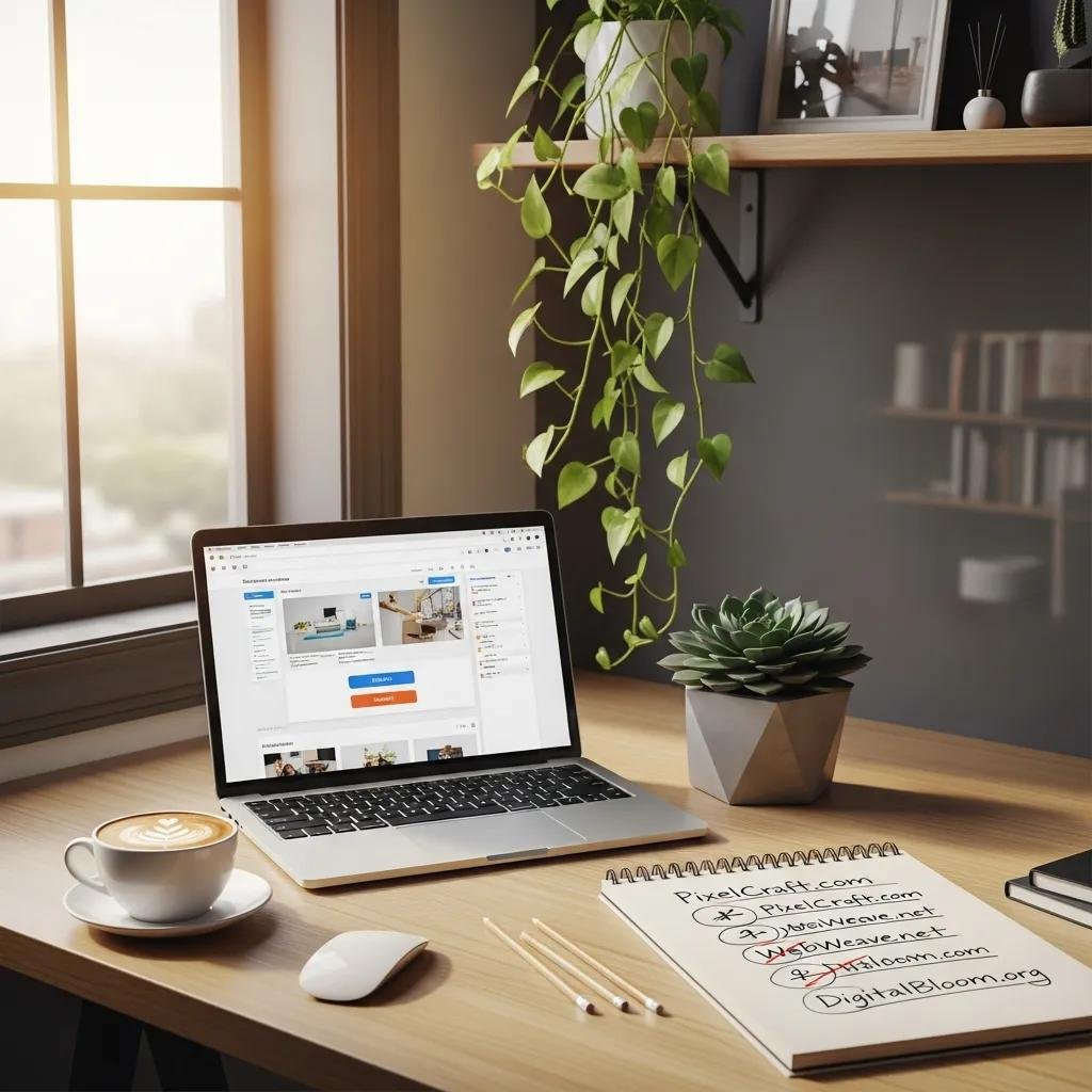 Workspace with a laptop and notepad, symbolizing the process of choosing a domain name for a practice