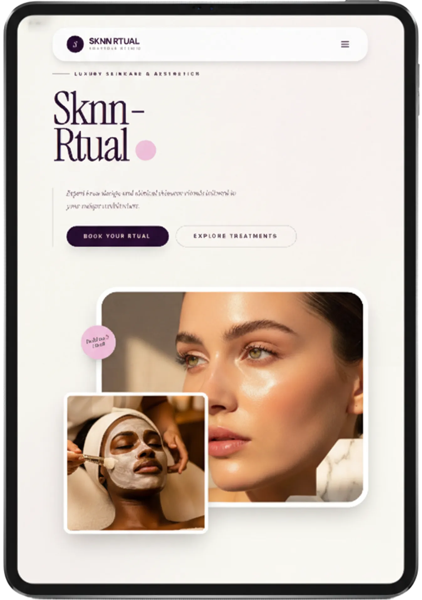 Therapist website design interface showcasing calming aesthetics, featuring a facial treatment image and inviting call-to-action buttons for booking services and exploring treatments.
