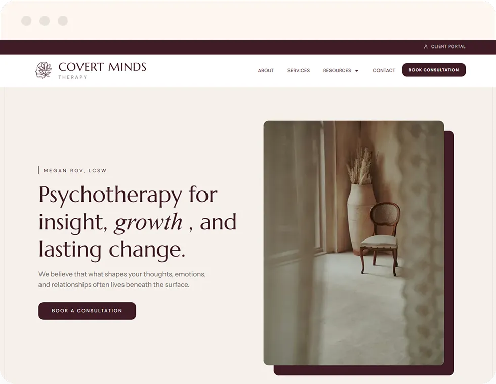Therapist website design featuring a serene interior with a chair and decorative vase, emphasizing the importance of owning a digital presence for therapists.