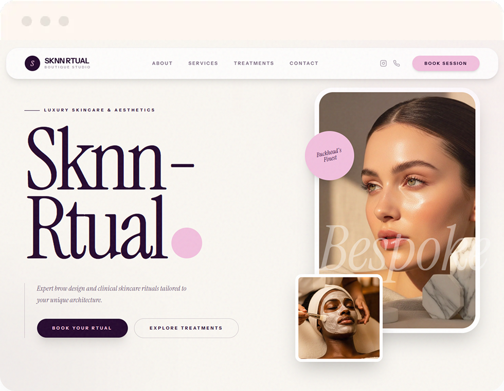 Sknn-Rtual website design showcasing luxury skincare and aesthetics, featuring a glowing model and a treatment session, emphasizing bespoke services and professional appeal.