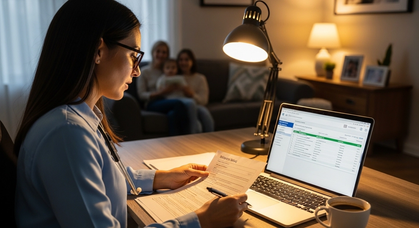 Female therapist reviewing documents and managing practice operations on laptop in home office, with family in background, emphasizing private practice growth and efficiency.