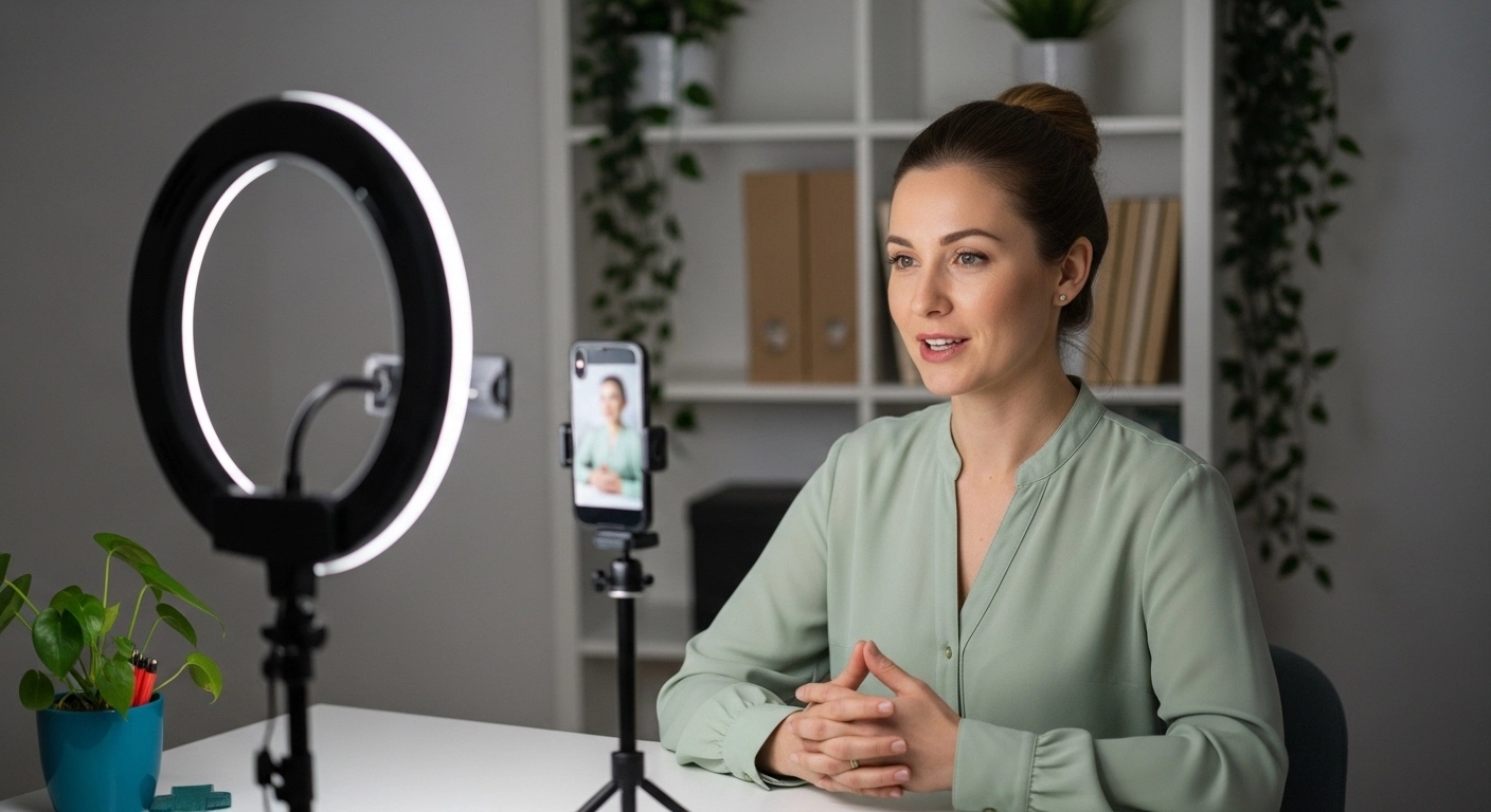 Woman speaking to camera in front of a ring light, illustrating online presence for therapists and digital communication.
