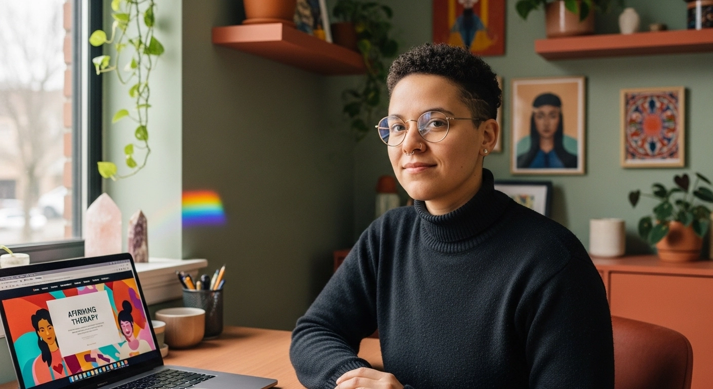 Person sitting at a desk with a laptop displaying "Arriving Therapy" website, surrounded by plants and colorful artwork, emphasizing a welcoming atmosphere for therapy and wellness services.