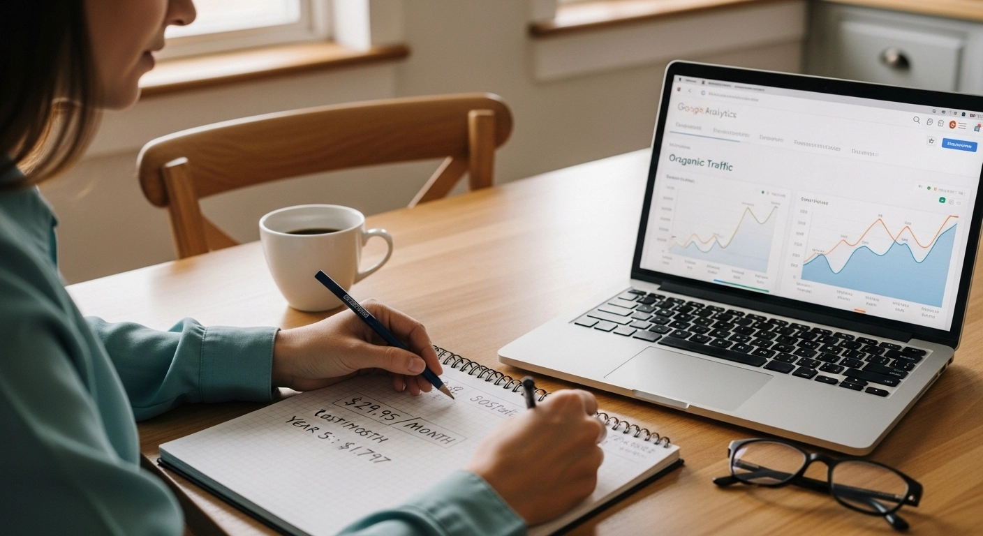 Person analyzing Google Analytics data on a laptop while taking notes in a notebook, with a coffee cup nearby, illustrating private practice growth strategies.