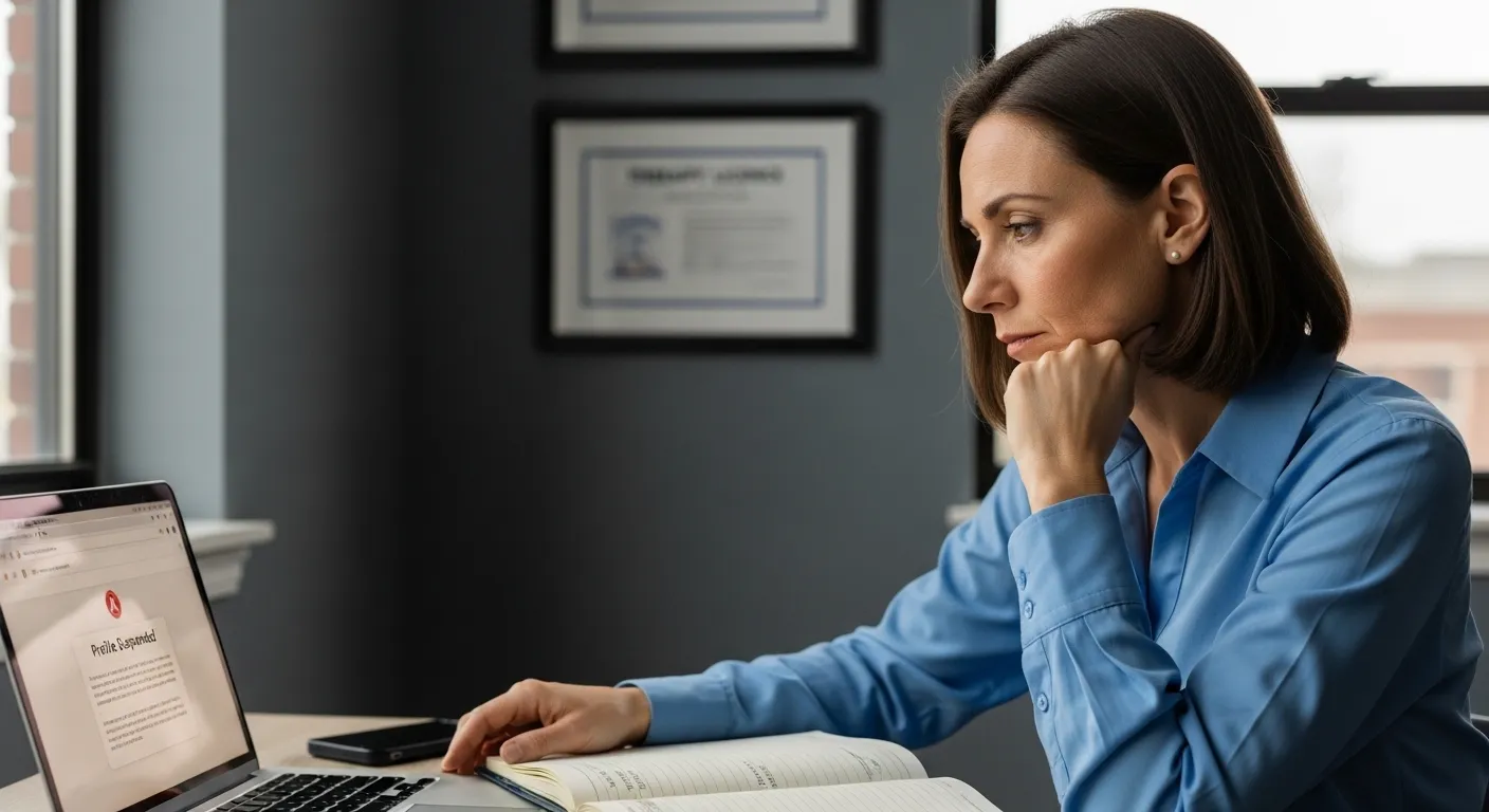 Woman in a blue shirt focused on laptop screen with open notebook, reflecting on private practice growth strategies amidst a professional setting.