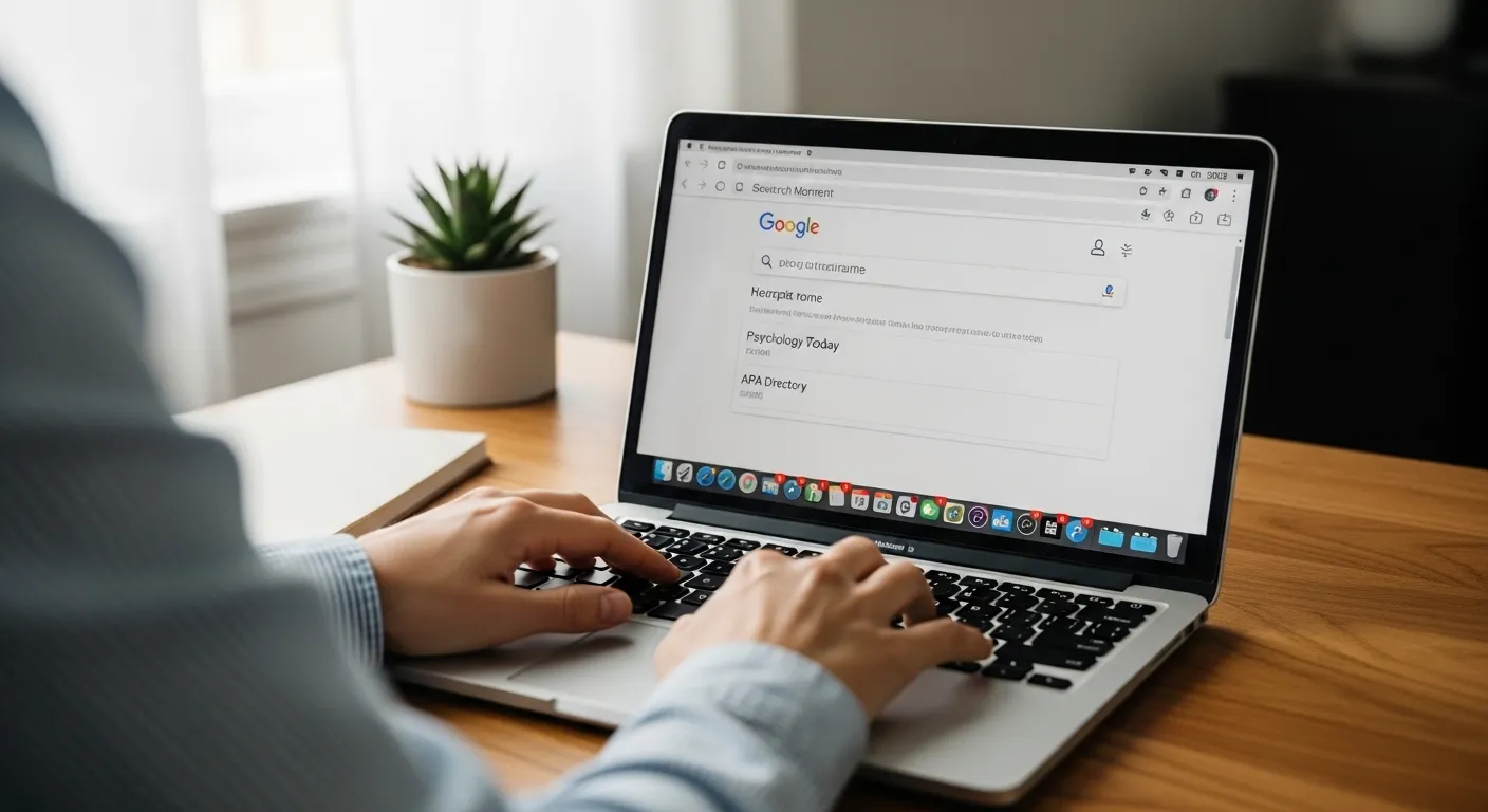Person typing on a laptop accessing Google search for therapist directories, with a potted plant in the background, illustrating digital marketing strategies for therapists.