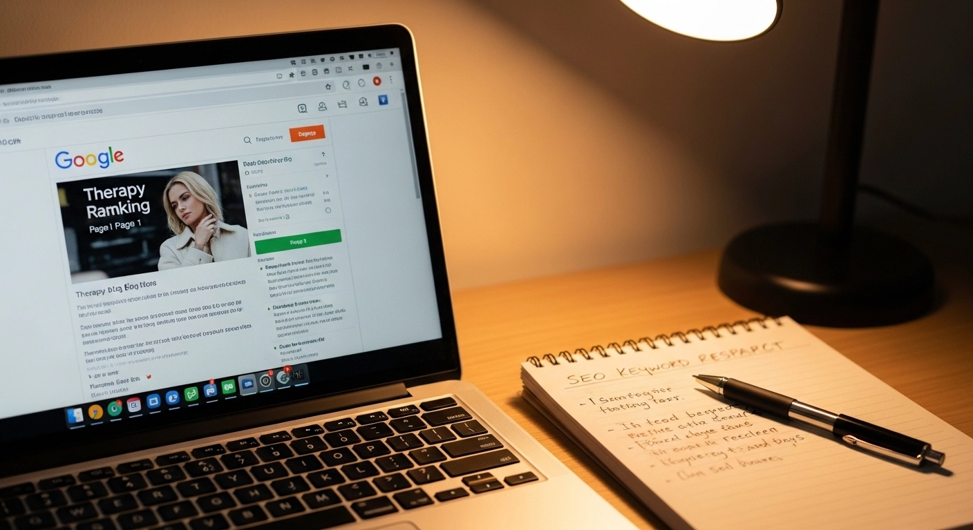 Laptop displaying a Google search results page for "Therapy Ranking" with a woman featured, alongside a notepad and pen listing SEO strategies relevant to therapists.