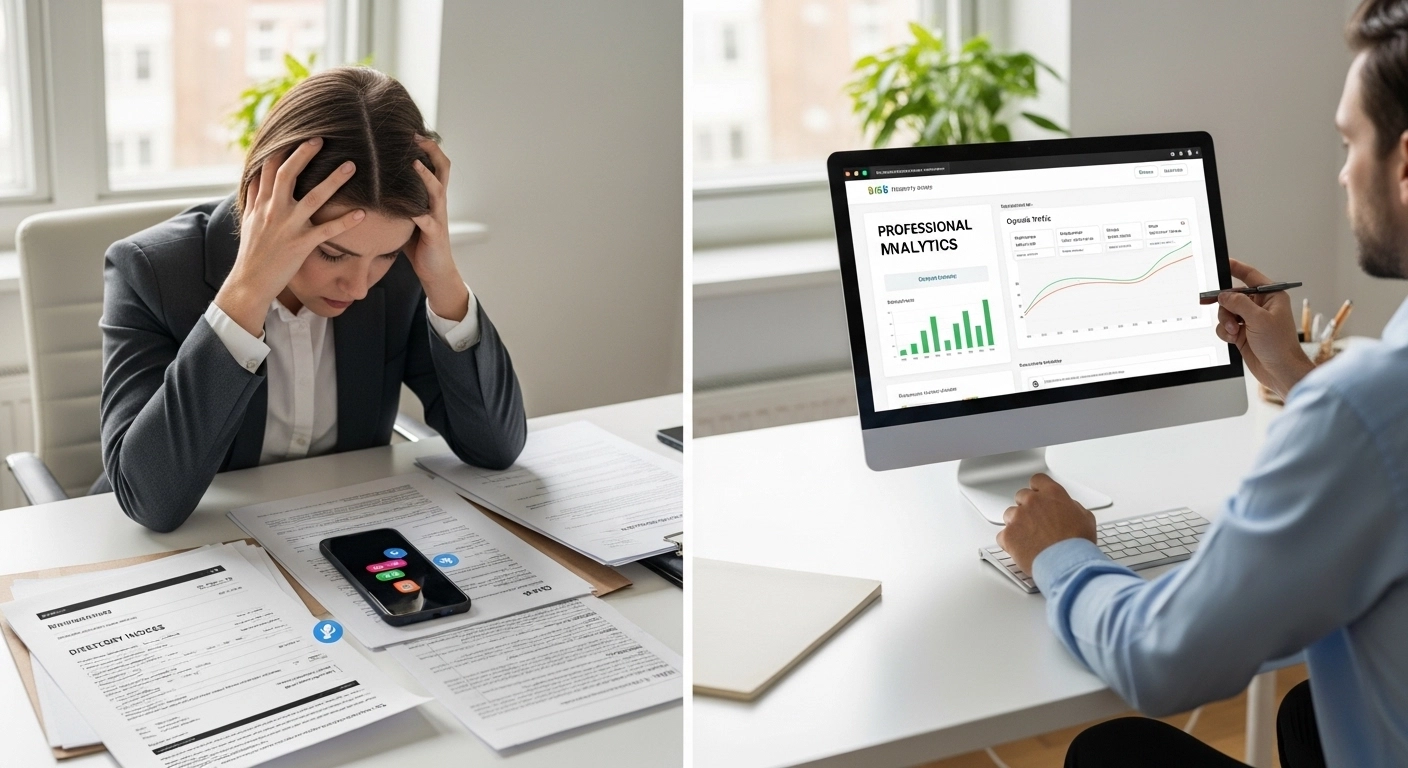Woman in business attire looking stressed over paperwork and smartphone, while man analyzing professional analytics on computer screen, illustrating challenges and solutions for therapists' online presence and local SEO strategies.
