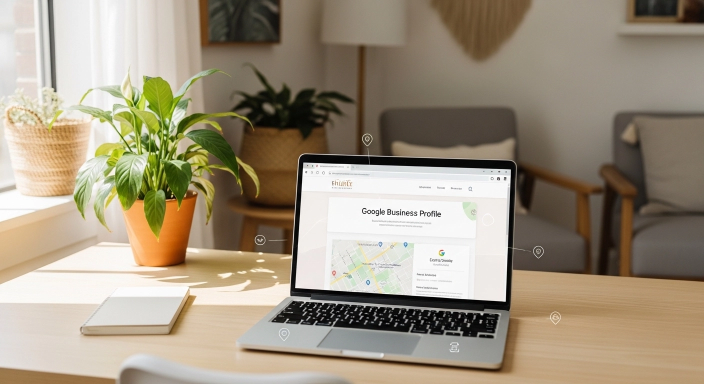 Laptop displaying Google Business Profile with map, indoor workspace featuring a potted plant and modern furniture, relevant to digital marketing strategies for therapists.