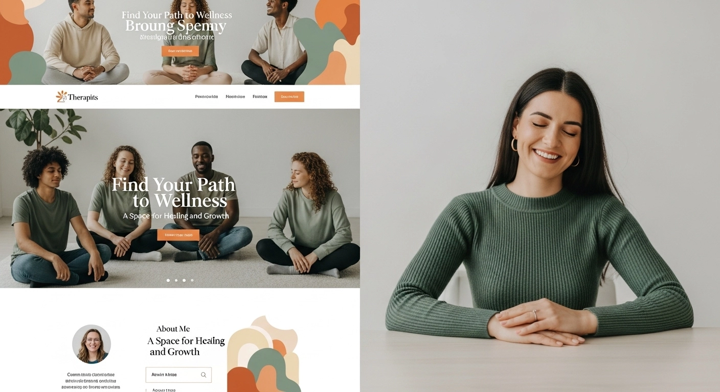 Therapist website design featuring diverse individuals in a wellness setting, promoting mental health and personal growth.
