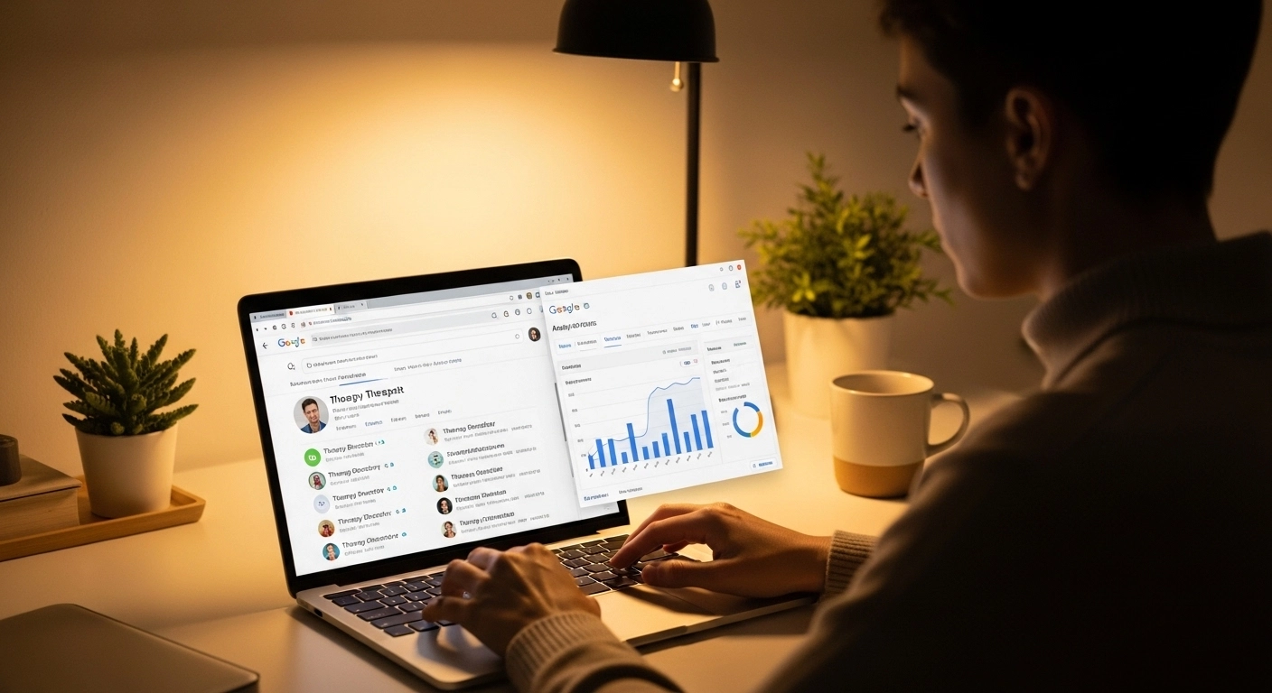 Person using a laptop to analyze SEO data and Google search results, with a plant and coffee cup in a dimly lit workspace, relevant to digital marketing strategies for therapists.