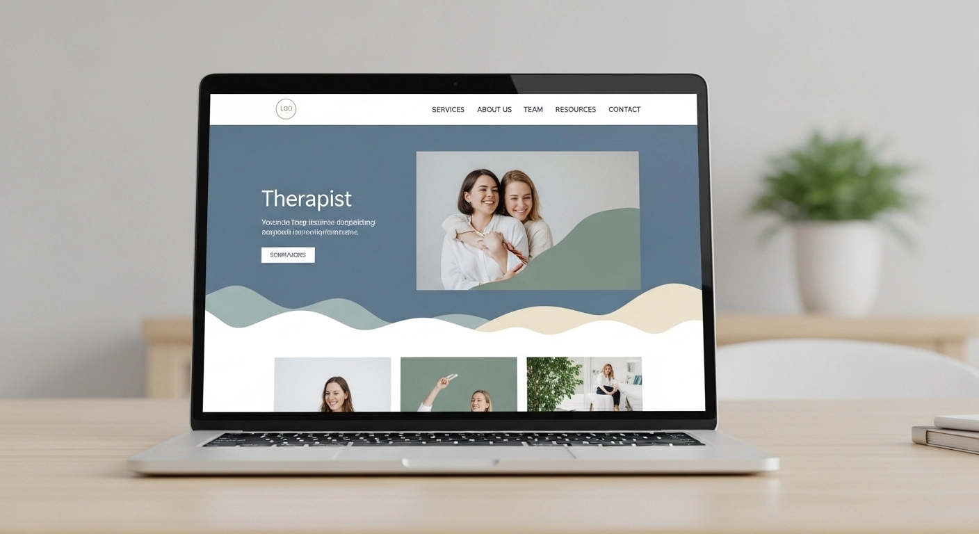 Laptop displaying a therapist website with a welcoming design, featuring images of therapists and a user-friendly layout, relevant to website design for therapy practices.