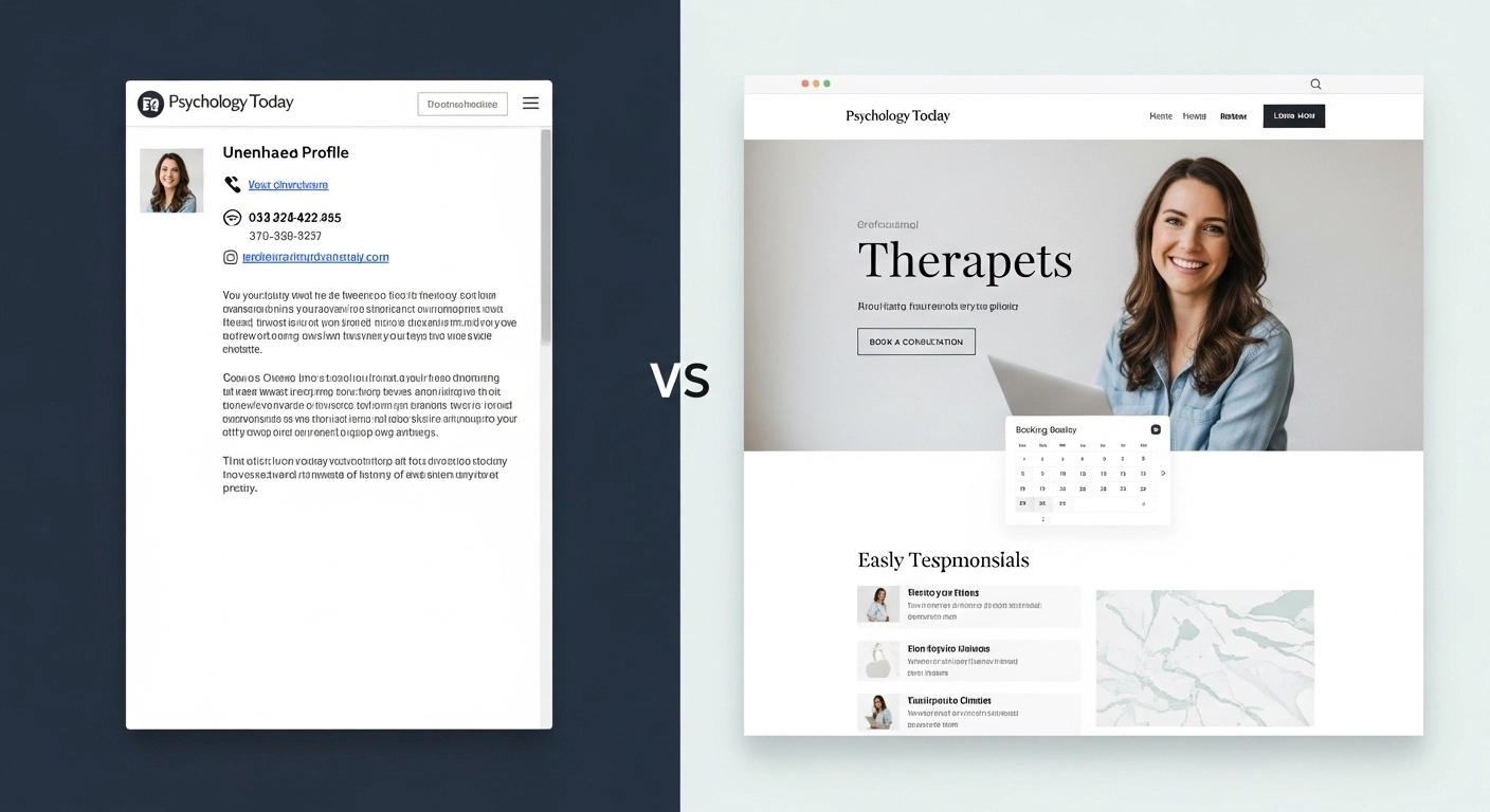 Comparison of therapist profiles on Psychology Today, featuring a standard profile layout on the left and a personalized therapist website on the right, highlighting user engagement and design differences.