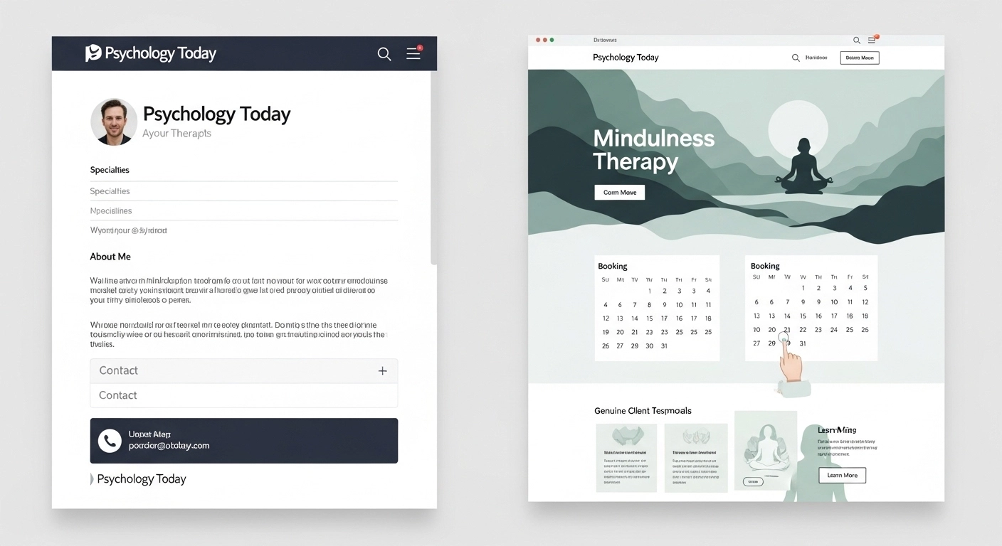 Therapist profile and booking interface on Psychology Today, featuring mindfulness therapy and client testimonials, emphasizing online presence for mental health professionals.