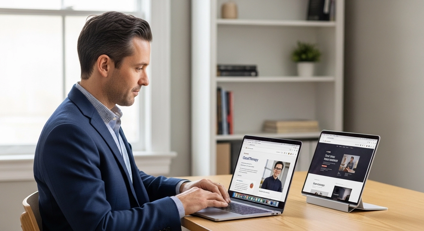 Professional man working on two laptops displaying therapist profiles, emphasizing online presence and reputation for clinicians.