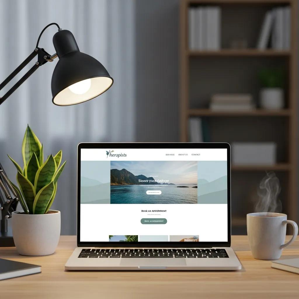 A calming workspace with a laptop displaying a therapist's website, symbolizing online presence for mental health professionals
