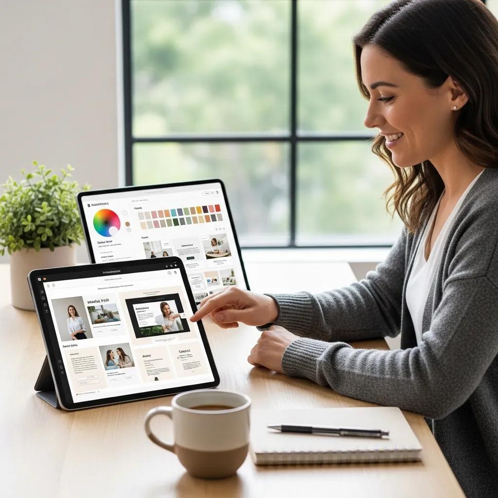 A therapist using Squarespace on a tablet, illustrating the platform's design tools for creating professional websites