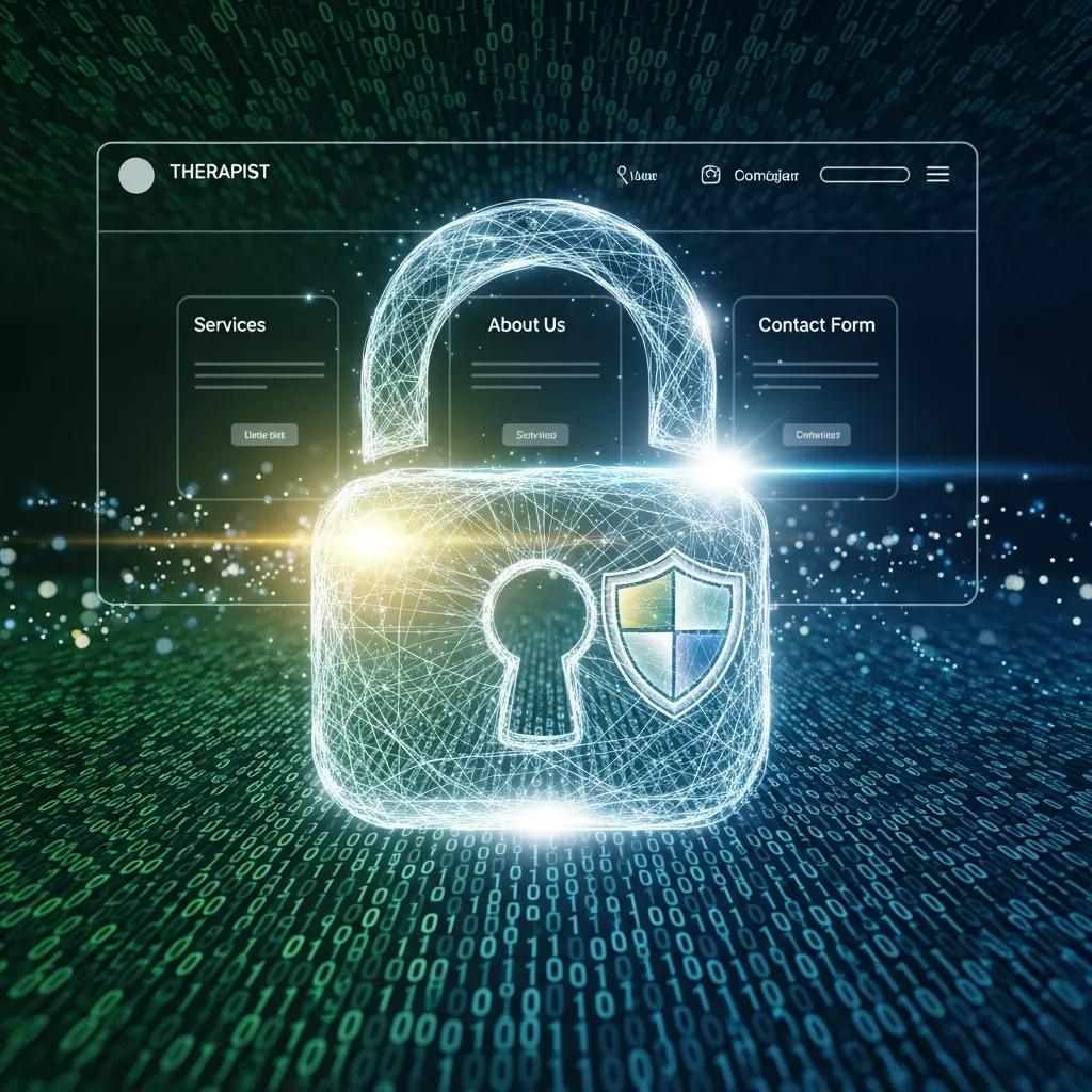 Abstract digital security image with a lock symbol, representing HIPAA compliance for therapist websites
