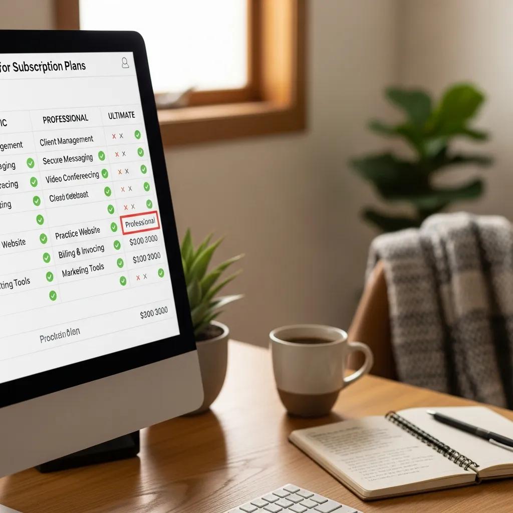 Close-up of a computer screen displaying subscription plans for therapists, emphasizing marketing options