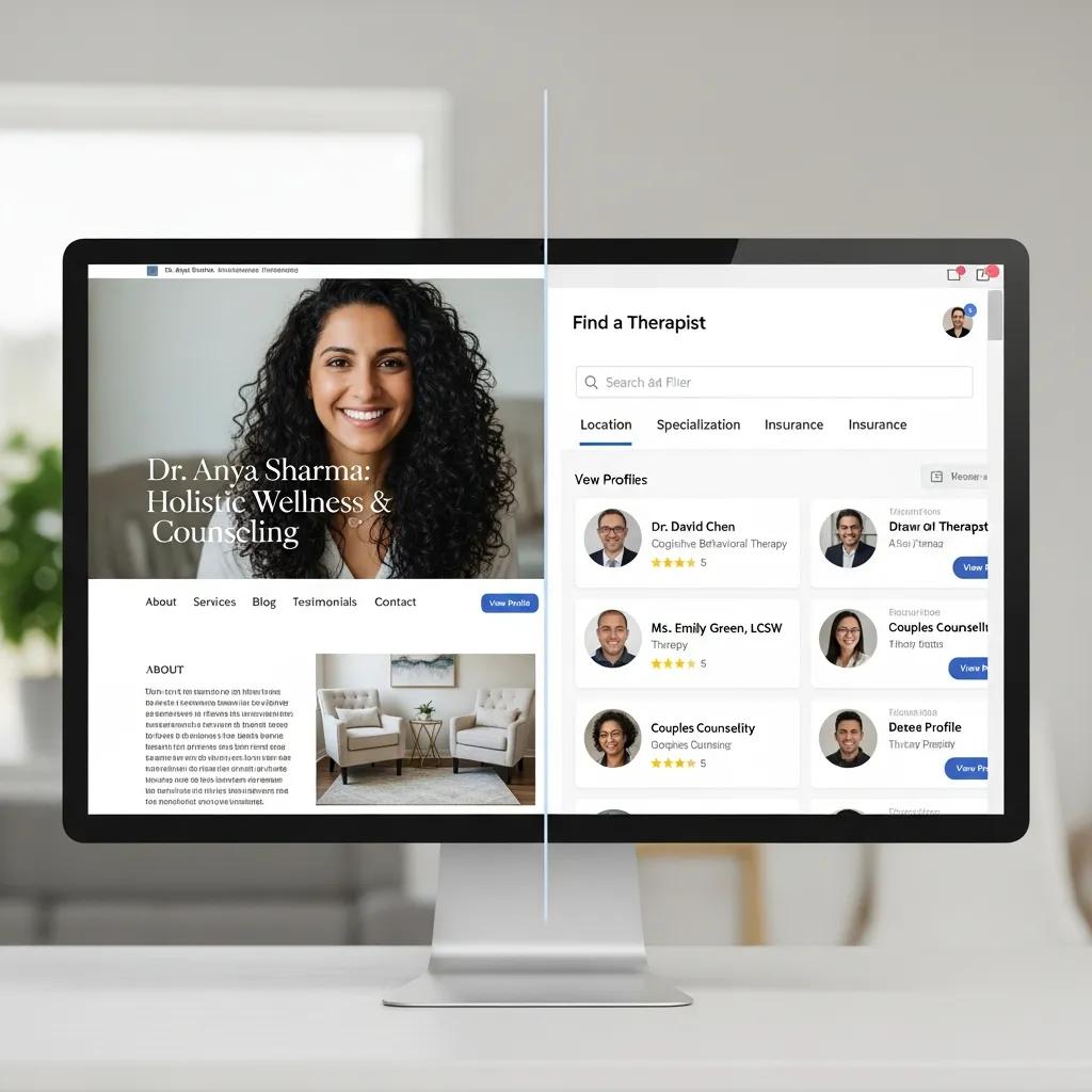 Comparison of a therapist's personal website and a therapist directory, highlighting branding control