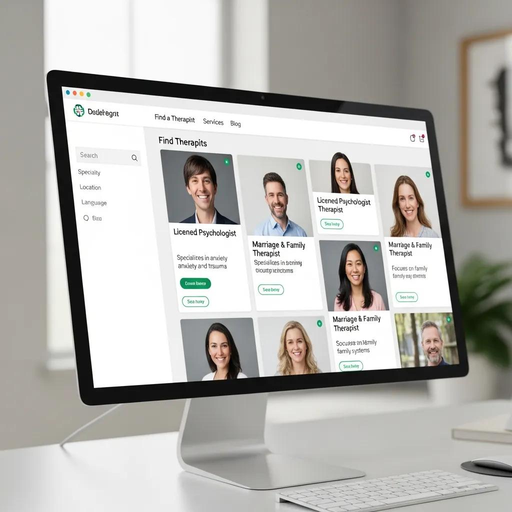 Computer screen showing multiple therapist profiles on a professional website, emphasizing diverse expertise