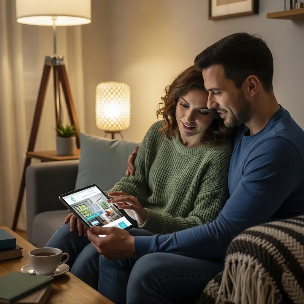 Couple engaging with therapist's website on tablet, reflecting emotional connection and trust