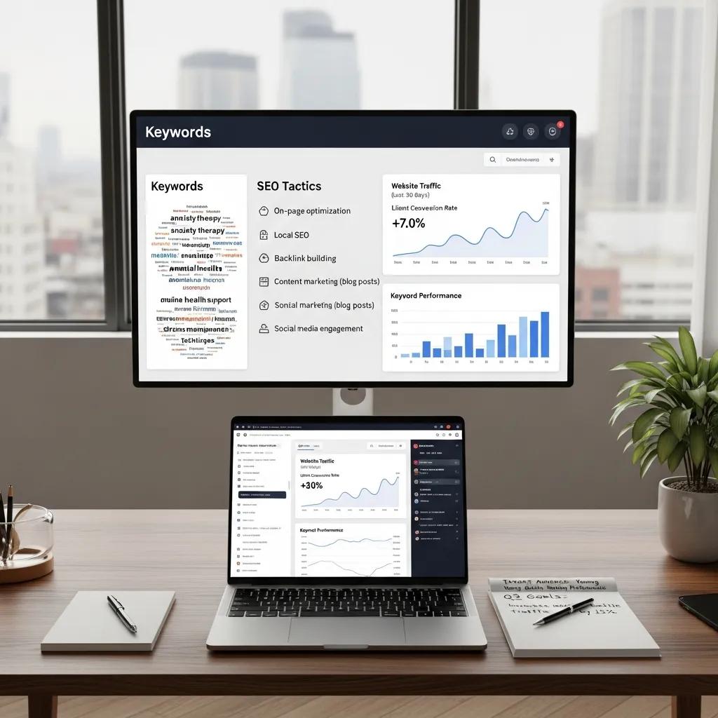 Digital marketing strategy board with SEO tactics and keywords, representing optimisation for therapist websites