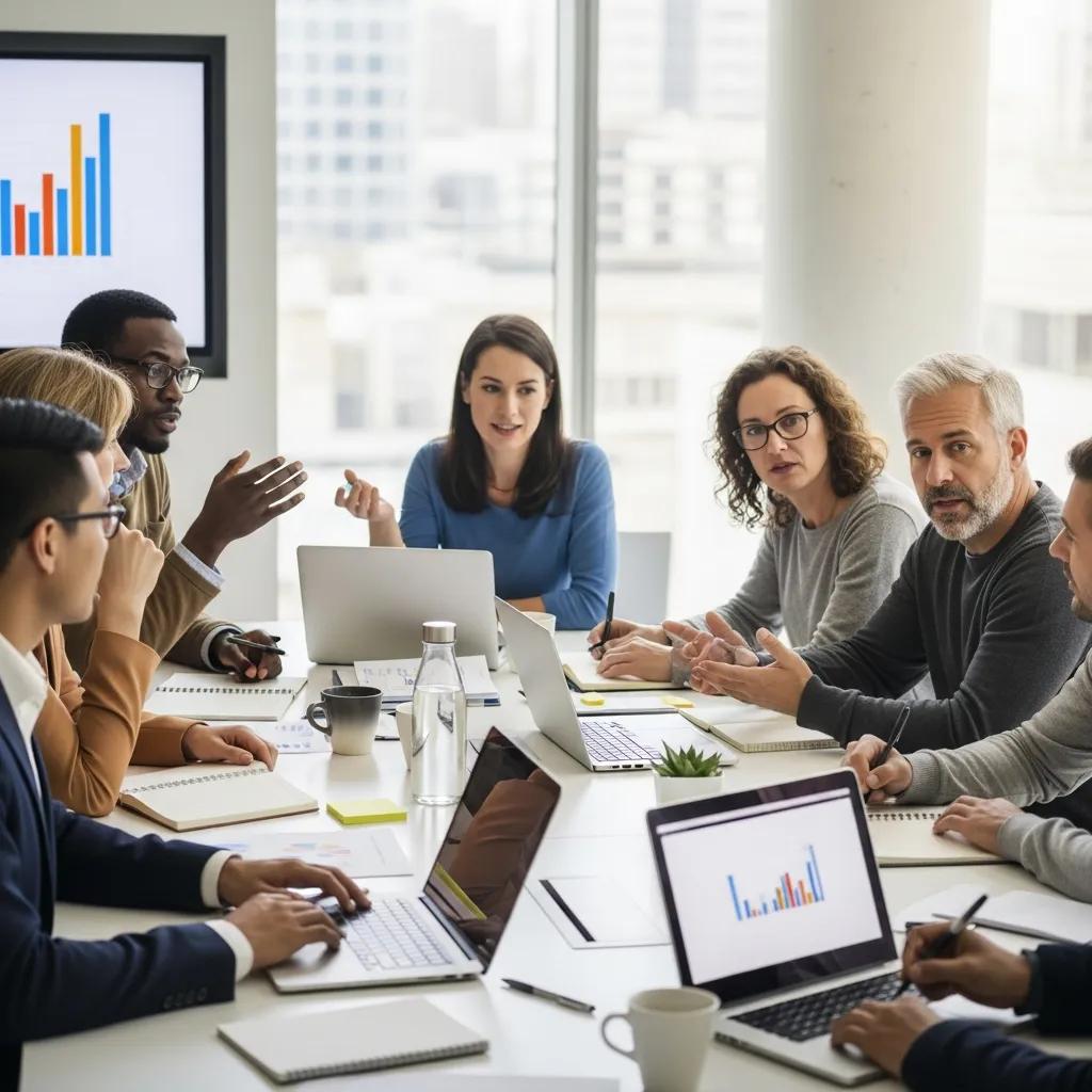 Diverse group discussing audience research for therapist website