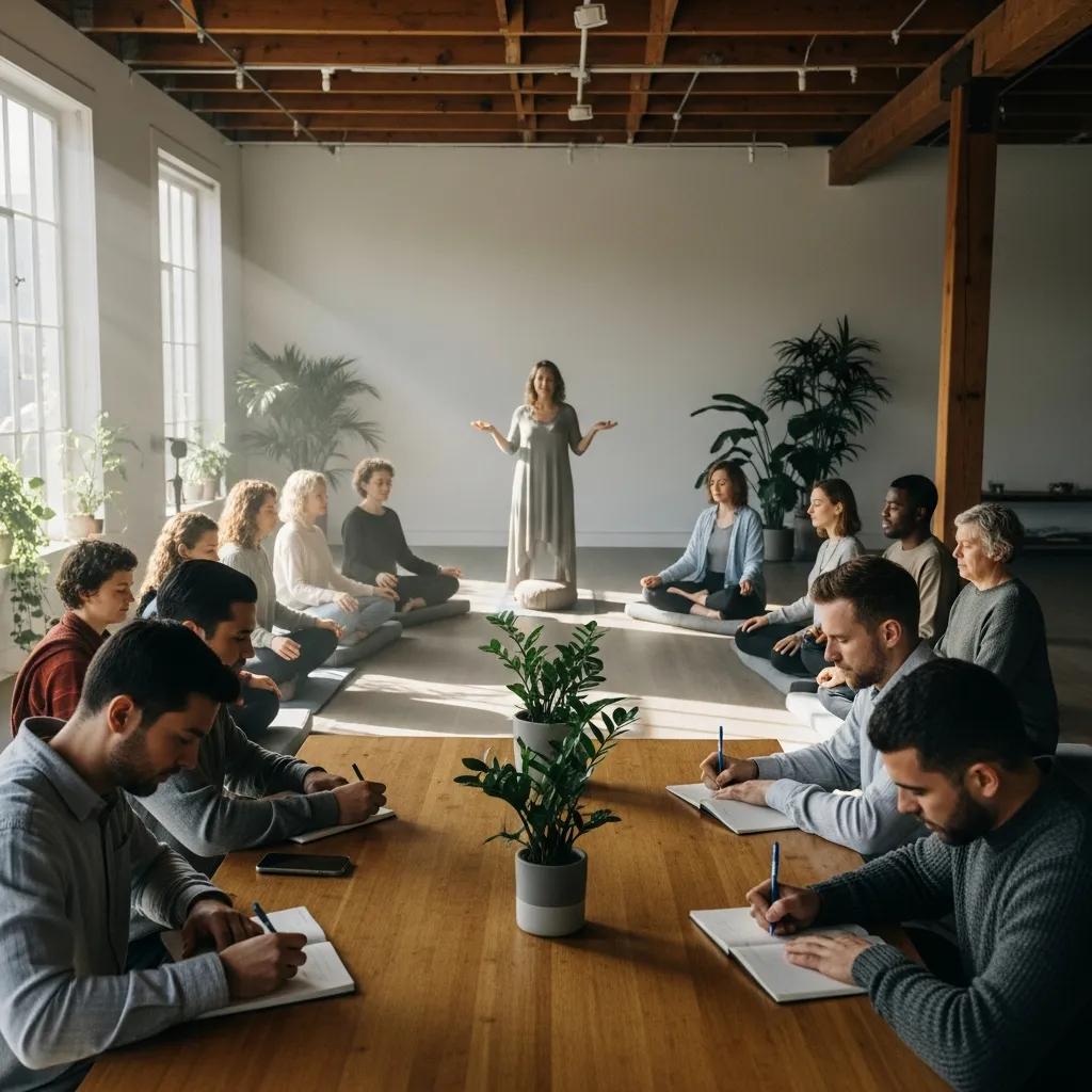 Group of individuals practicing mindfulness techniques in a workshop setting