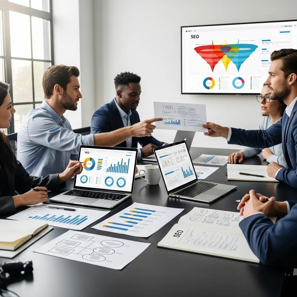 Group of therapists collaborating on SEO strategies for therapy websites, emphasizing the importance of effective marketing techniques