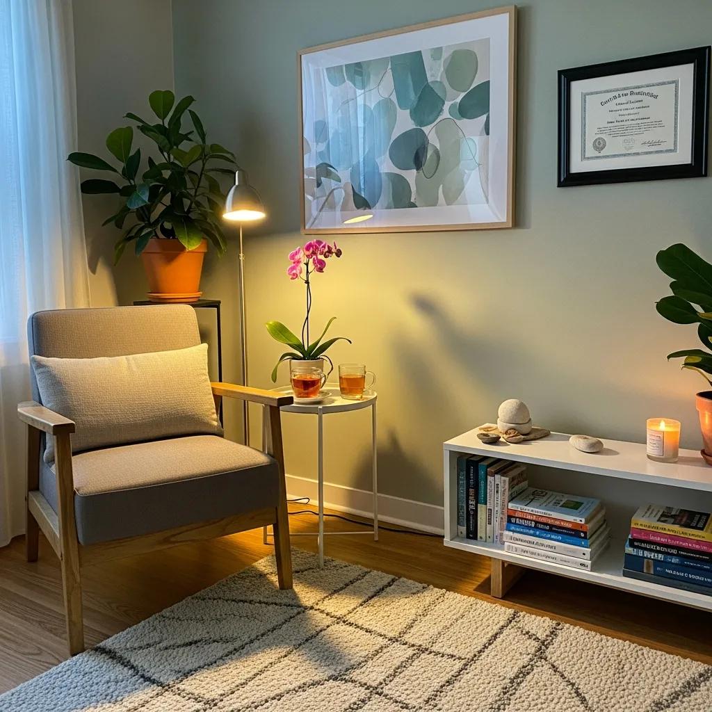 Inviting therapy office with comfortable seating and calming decor for web design context