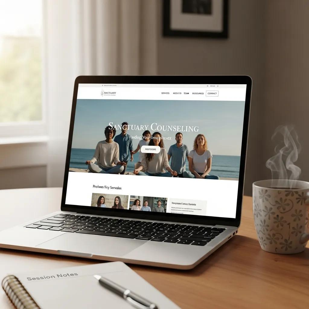 Laptop showcasing a custom-designed therapist website in a cozy workspace setting