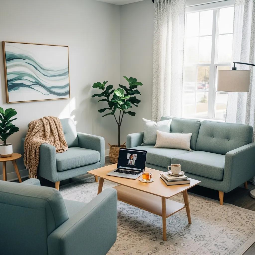 Modern therapist office with laptop, symbolizing professional and inviting online presence