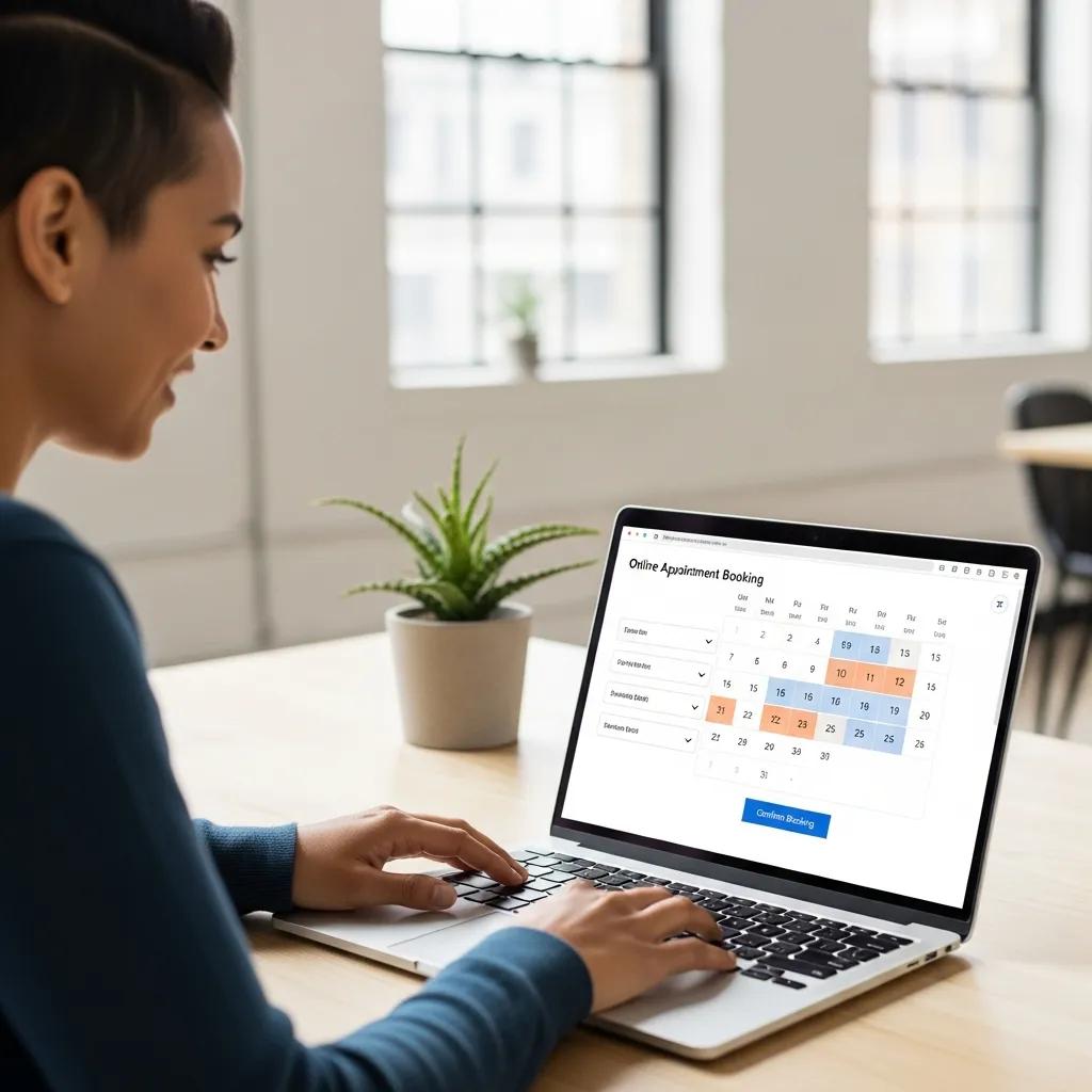 Person booking an appointment online using a laptop, illustrating the benefits of online scheduling for therapists