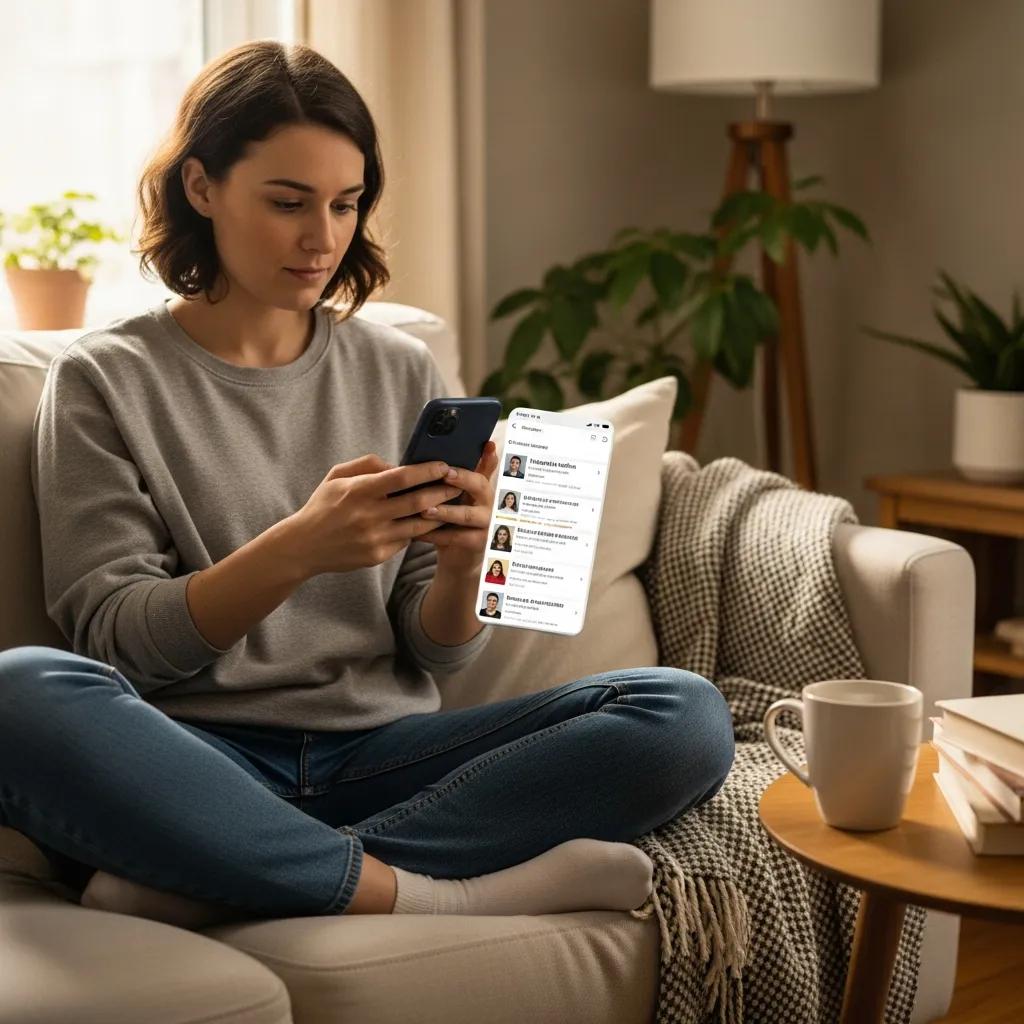 Person searching for therapists online on a smartphone in a cozy home setting