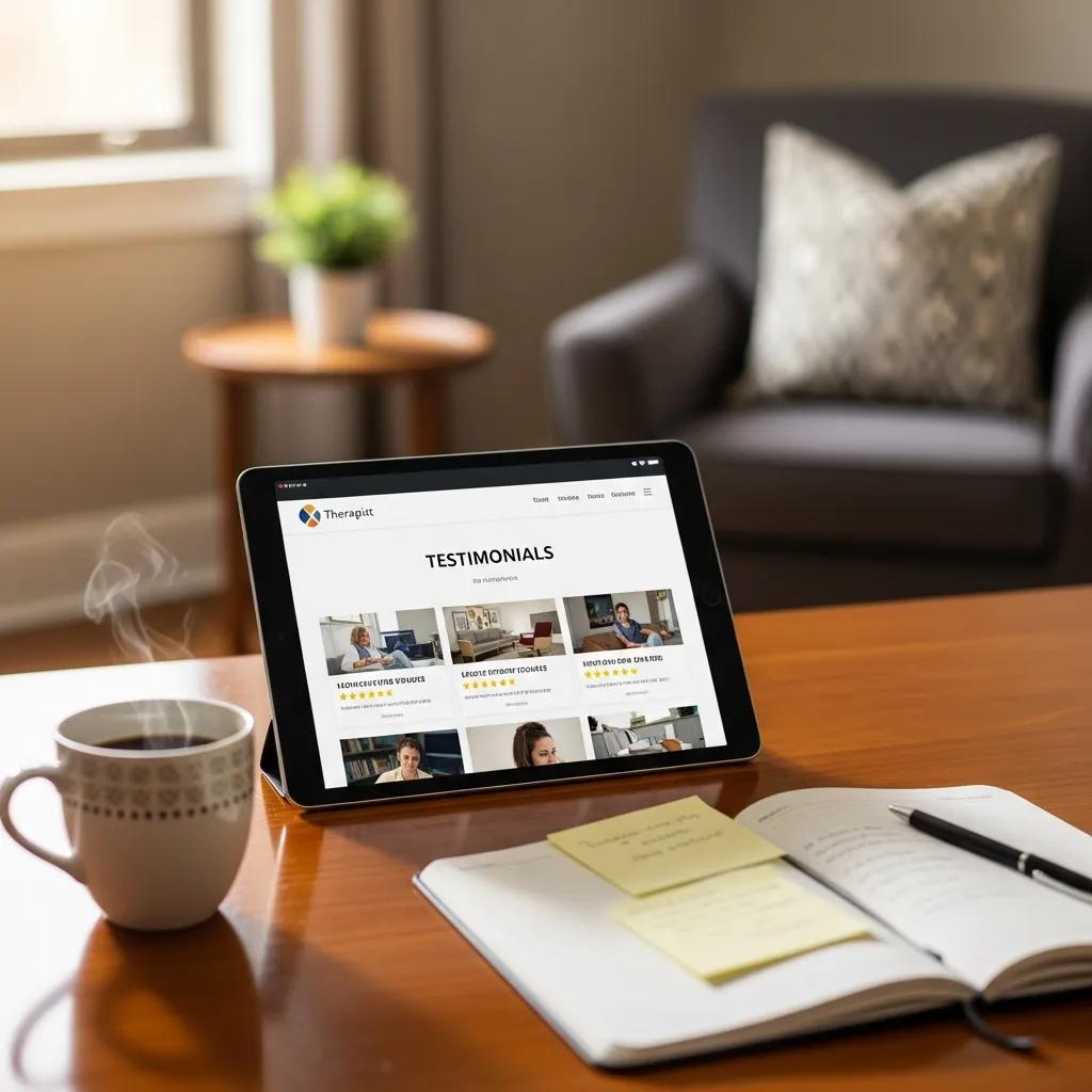 Tablet displaying client testimonials on a therapist's website, symbolising trust and credibility